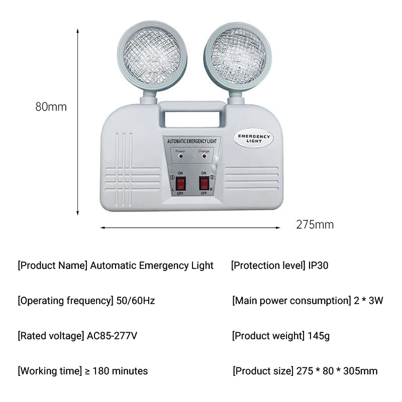 ABS Dual Head Emergency Lighting LED Charging Emergency Light IP30 Safety Exit Indicator Light 3 Hour Emergency 2 * 3W AC85-265V