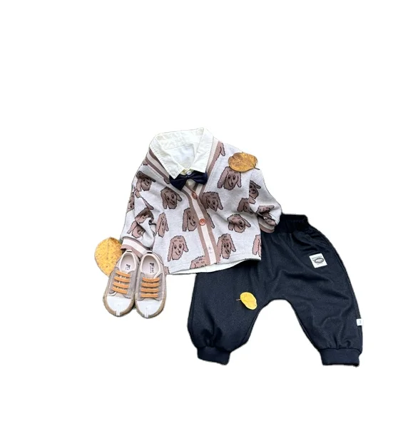 Autumn Baby Boy Three-Piece Casual Comfort Suit with Buttons Warm Puppy Sweater Wholesale 3pcs Clothing Set