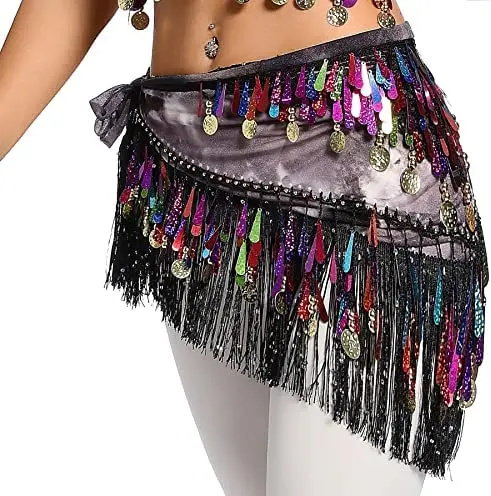 Belly Dance Hip Scarf with Tassels Sequins Triangle Coins Wrap Skirt Music Festival Clothing Stage Performance Accessories