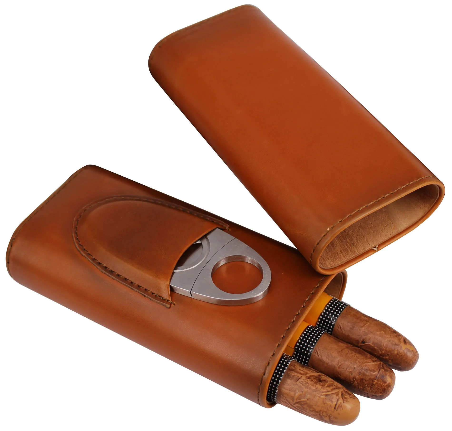 New Premium 3- Finger Brown Lined Leather Travel Cigar Cases Humidors Cedar Wood Cigar case bag stainless Cigar cutter