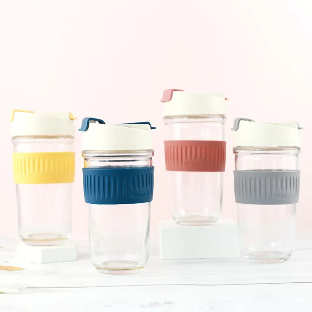 BPA Free Reusable Eco-Friendly Cute lightweight  Travel take away Glass Coffee Cup Mug with Silicone Lid and Sleeve