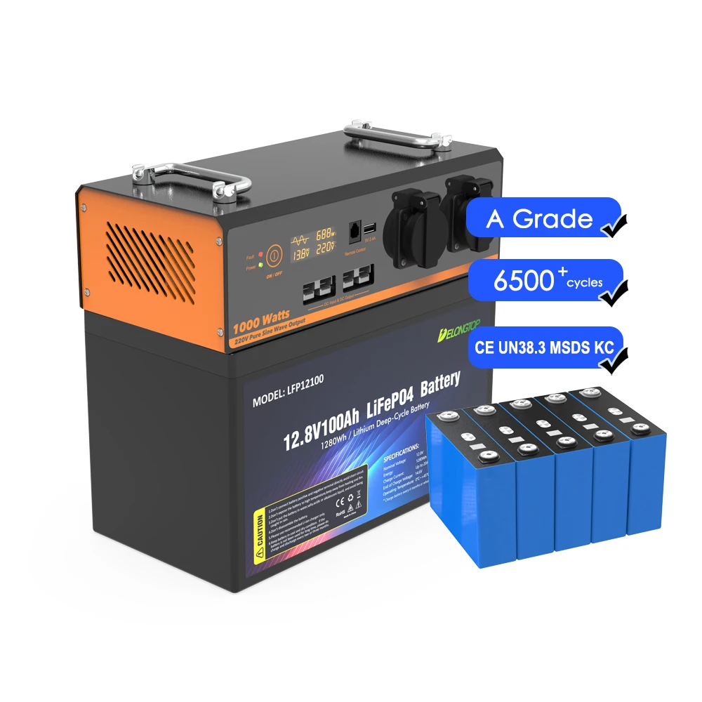 AC 1000W Portable Power Station 12.8V 100AH 1280WH LiFePO4 Battery Built in 1000W Inverter with USB Anderson DC Port