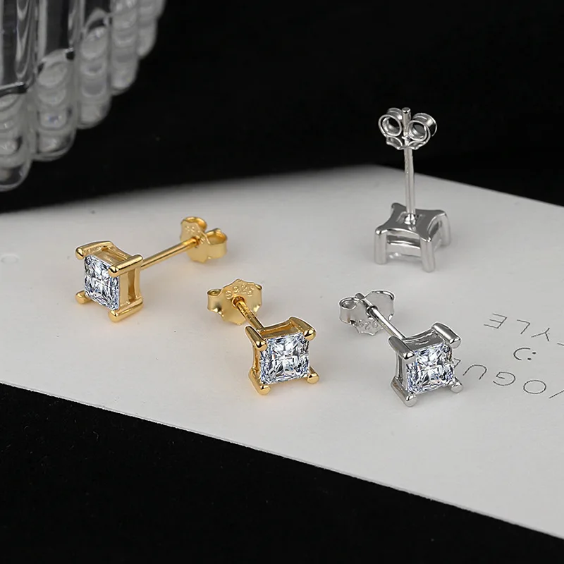 Rainbowking S925 Sterling Silver Minimalist Gold/Rhodium Plated 4.4m Square  Large CZ Studs Earrings for Women