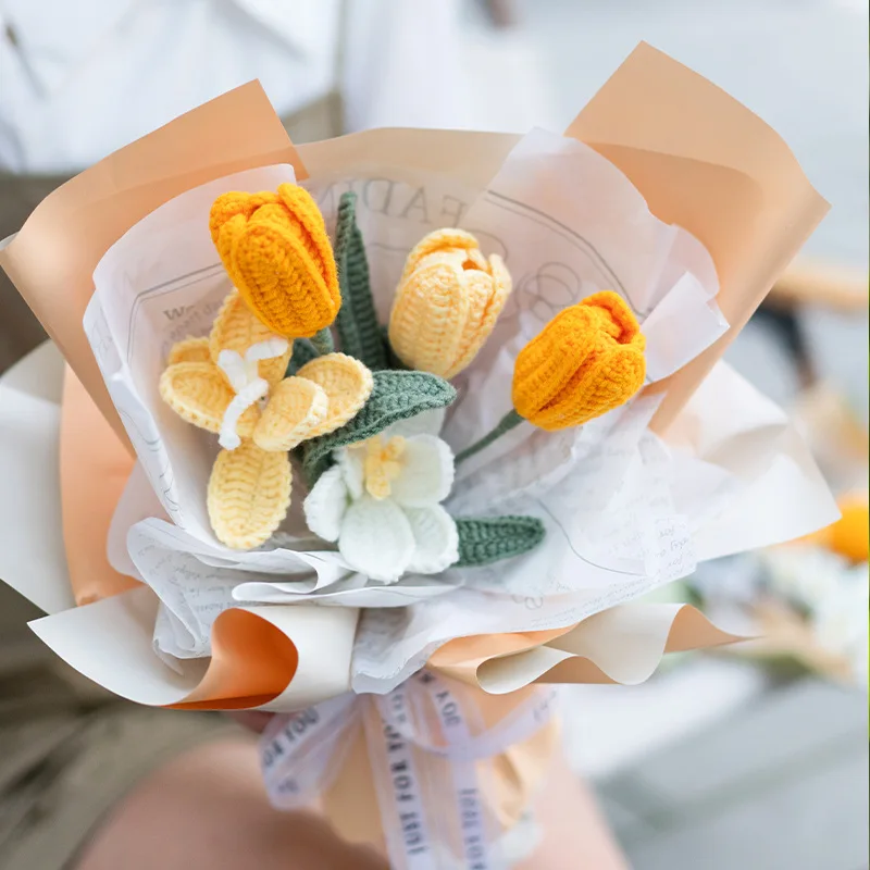 TS DIY Wool crochet flower Tulip Flower Kit Bouquet handmade crochet knit flower for Wedding Vase