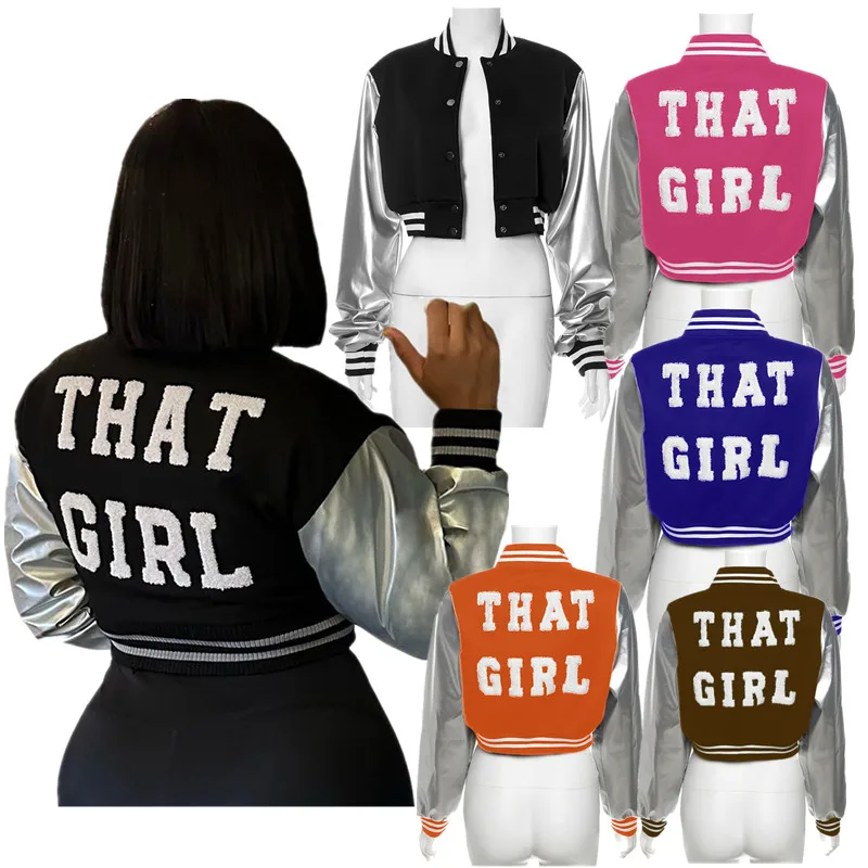 2023 New Arrivals Autumn Letter Embroidery Patchwork Jacket Graphic Coat Crop Baseball Varsiti Jackets For Women