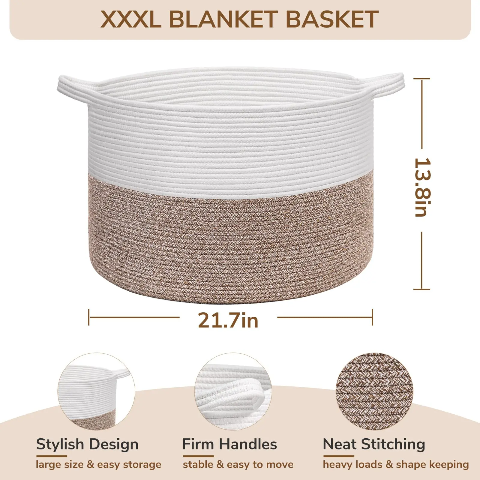100% Cotton Fabric Large Boho Style Foldable Laundry Basket with Handmade Cotton Rope Handles for Home Clothes Storage