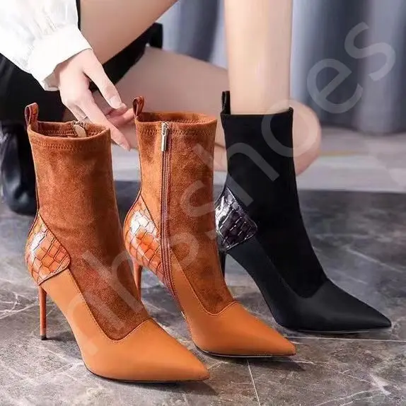 High Quality Fashion Ladies Sexy Pointed Stiletto Dance Shoes Black Side zipper Heels For Women Elegant Little Ankle Boots