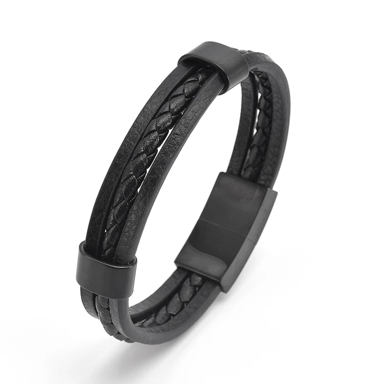 Wholesale Men Bracelet Jewelry Verified Supplier Stainless Steel Black Microfiber Leather Men Bracelet