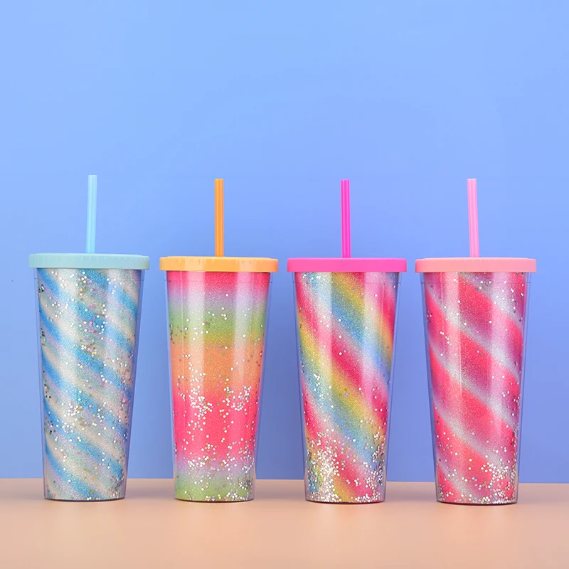 Rainbow Large Capacity 700ml Double Wall Plastic Straw Tumbler Golden Scallion Cloth Suitable for Car Cafes Restaurants Milk