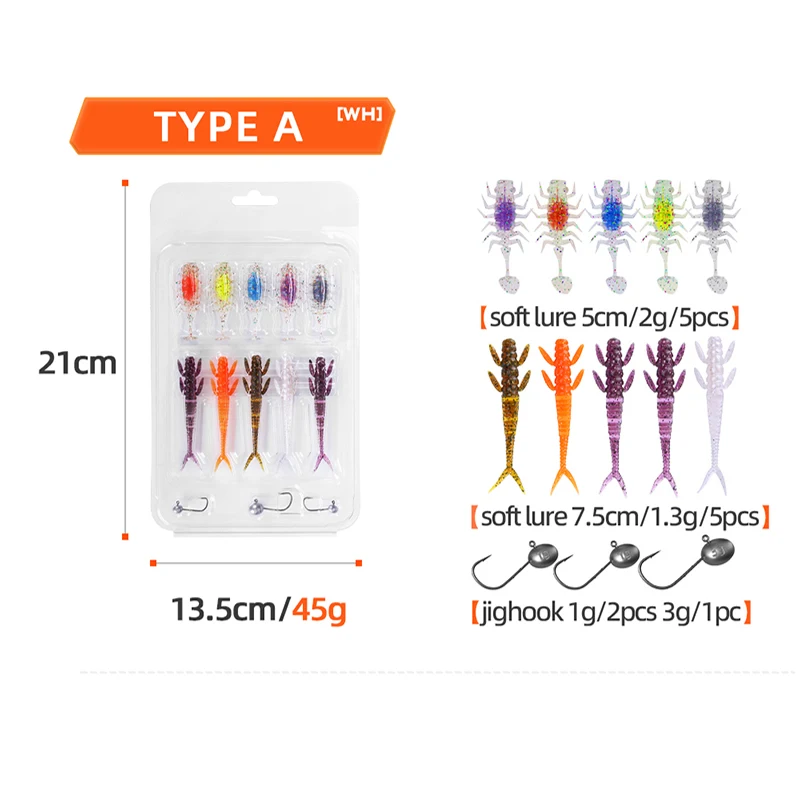 WEIHE 5types TPE soft fishing lure jighook kit soft fishing bait with lead head hook combo pesca freshwater saltwater