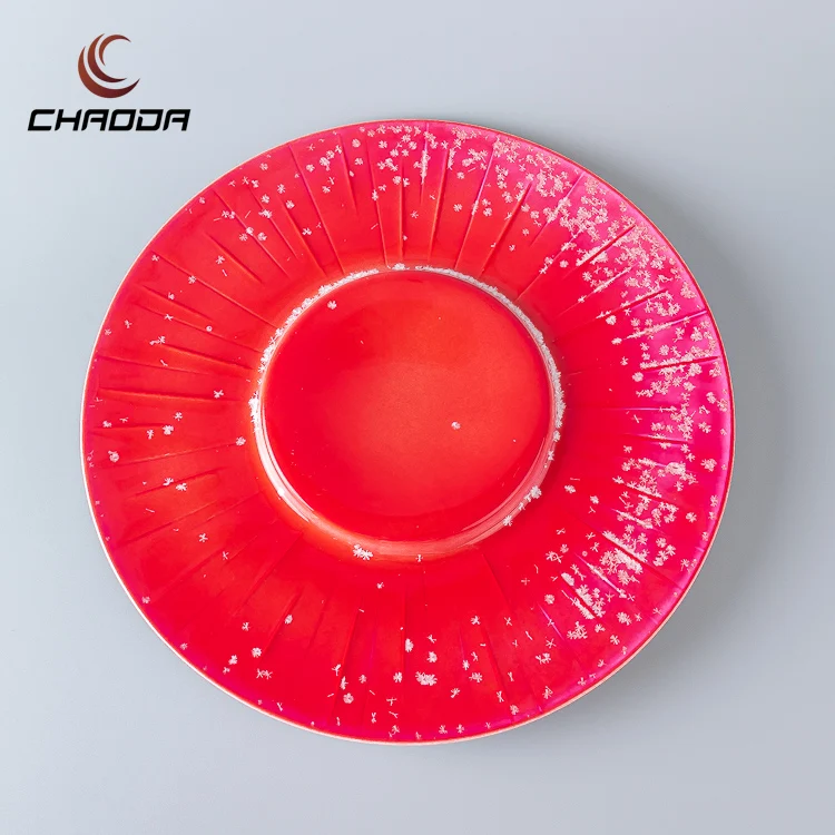 Porcelain Embossed Ceramic Pattern Design Reactive Glazed Red Plate Dessert And Dinner Plate For Hotel And Restaurant