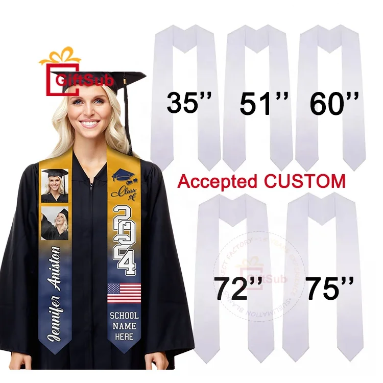 Custom Name Photo Graduation Stole Sublimation Blank Graduation Stoles Personalized Promotion Gifts White Satin Graduation Sash
