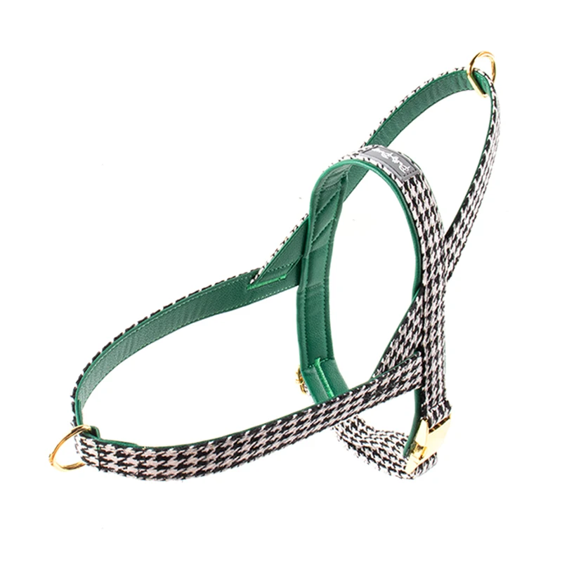 New Design Adjustable Green Pu leather Thousand Birds Print Pattern Dog harness set with PVC Label and Metal buckle for Puppy