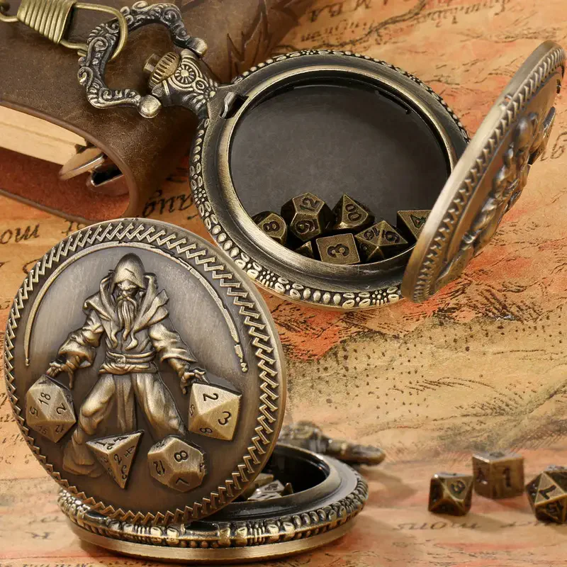 Customized Character Mage Vintage Pocket Watch Case Thick Chain Bronze Dice Mini Dice Set