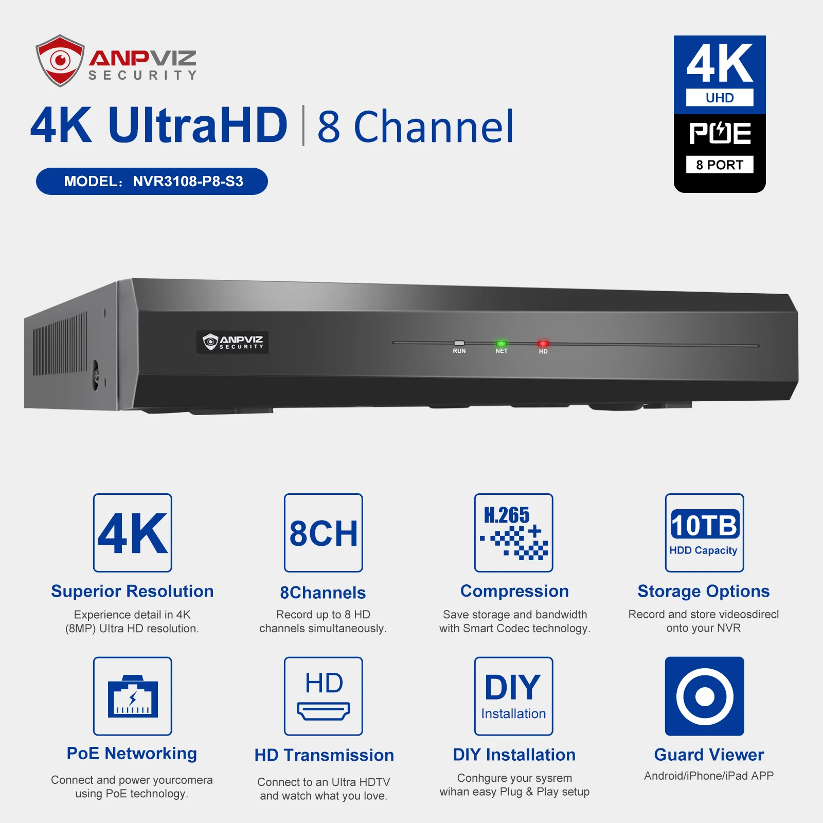 ANPVIZ 4K 8CH POE NVR H.265 Multi-language Smart function Up to 1SATA MAX 10TB HD 4K Playback Network Video Recorder