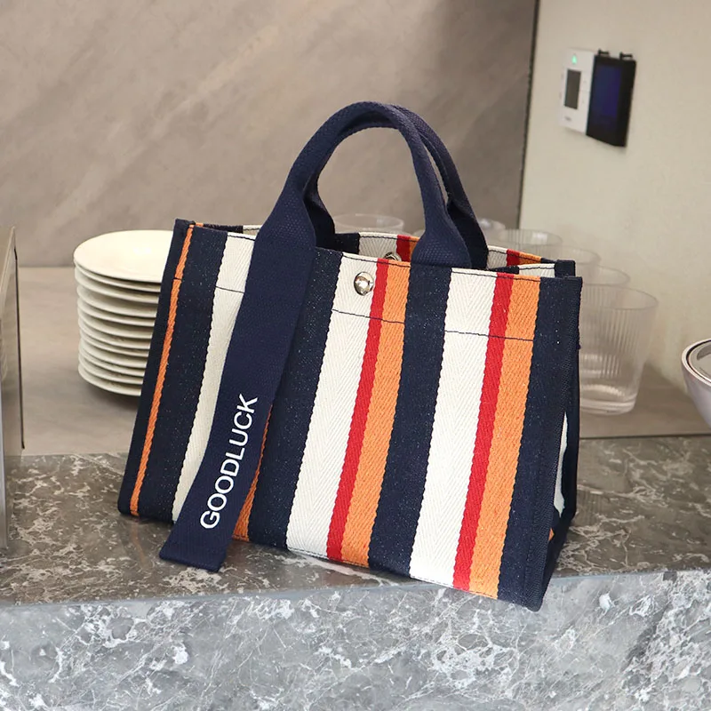 Wholesale Mini Cotton Tote Bag High Quality Canvas Cotton Lady Stripped Tote Shopping Bags For Women