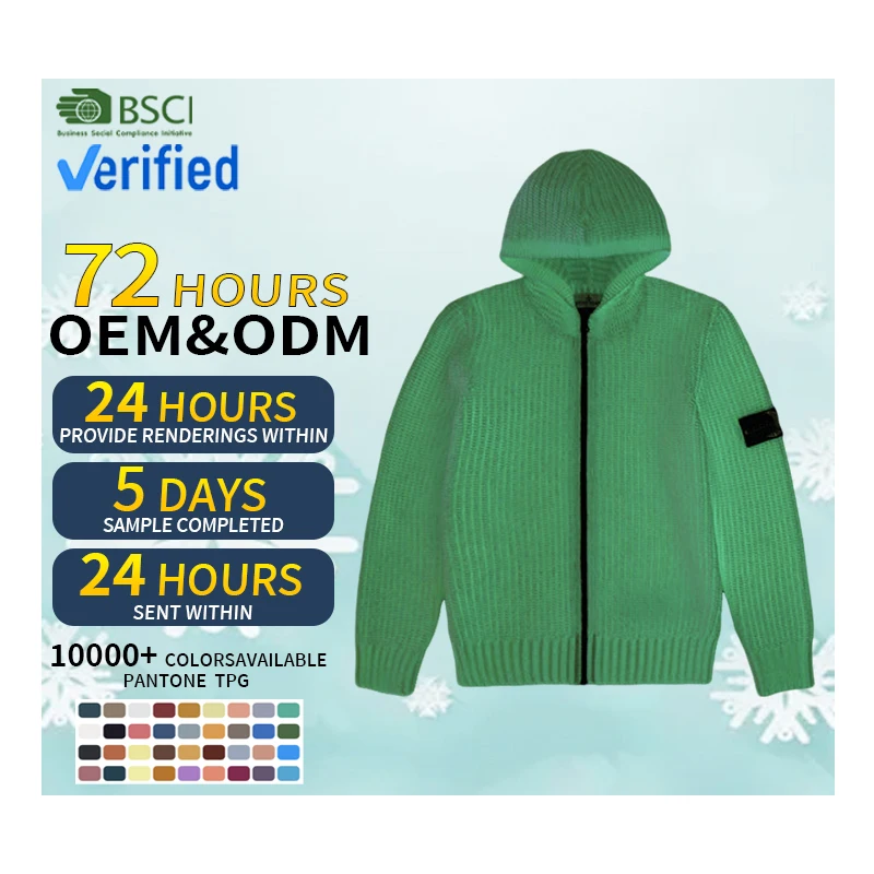 Custom logo jacquard embroidery men knitted oversized cotton zip up pullover hoodie jacket glow in the dark sweater hoodie