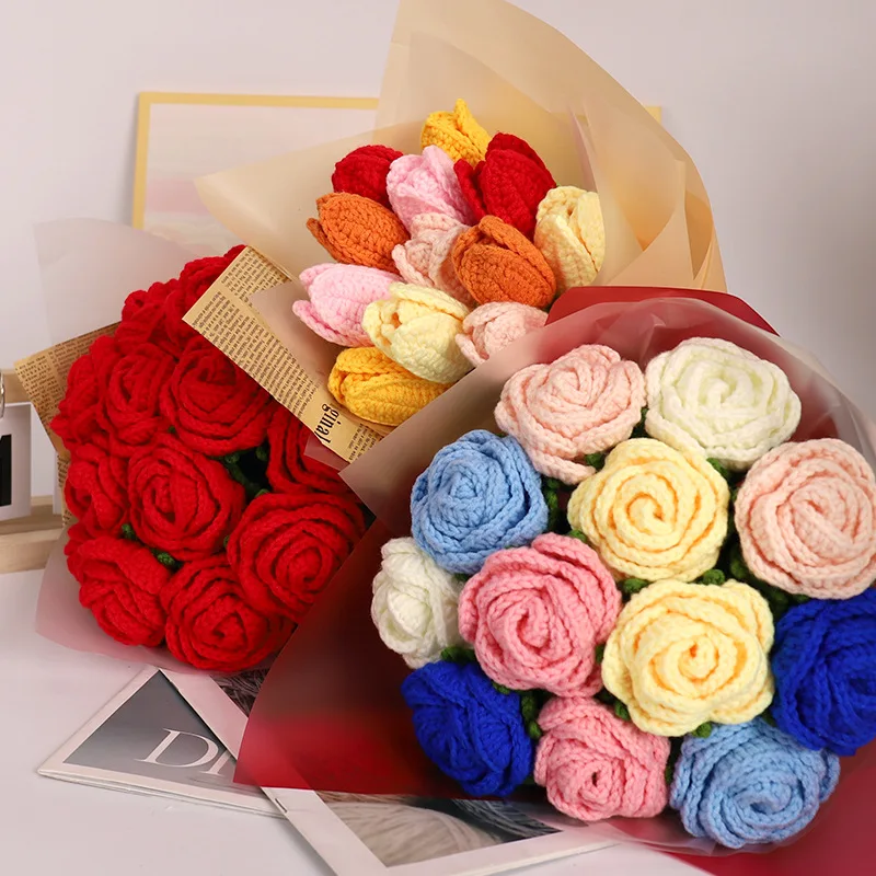 HandmadediyRose sunflower Tulip woven bouquet material package Crochet wool flower finished gift