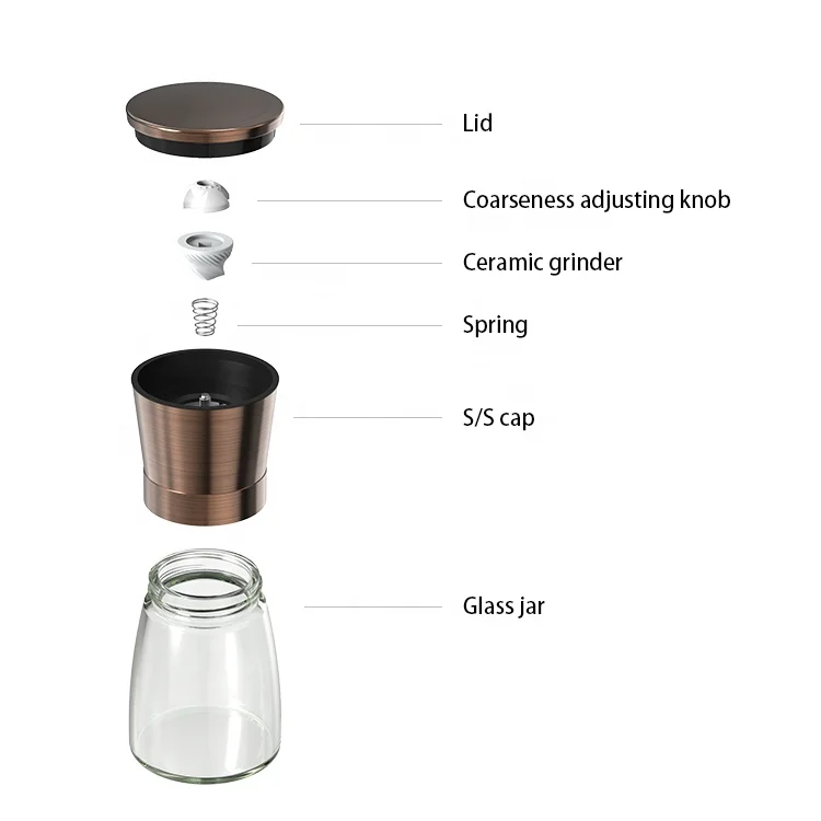 304 Stainless Steel High Quality Copper Good 170ml Glass Jar Ceramic Sat and Pepper Grinder Seasoning Spice Mill