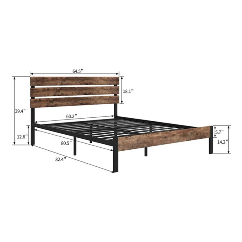 Kainice Rustic Style Queen Size Platform Metal Bed Frame With Wooden Headboard And Footboard Strong Slat Support