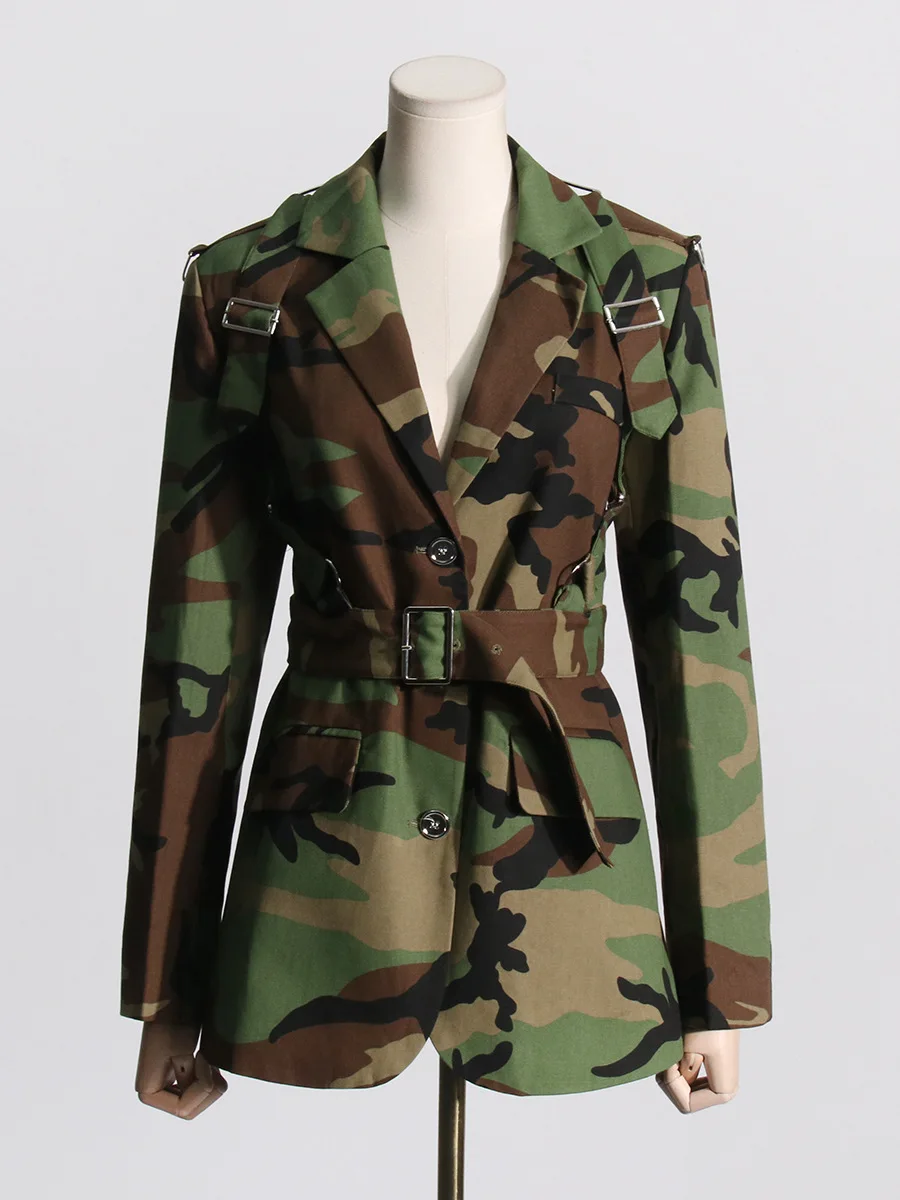 2024 Fashion V-neck Long Sleeve Belt Print blazer lapel coat