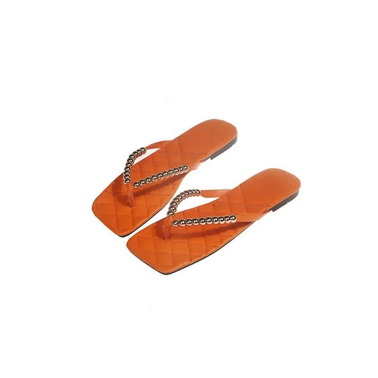 Wish 2021 Summer new fashion square-toed female European and American flat plus-size beaded women flip flop slippers