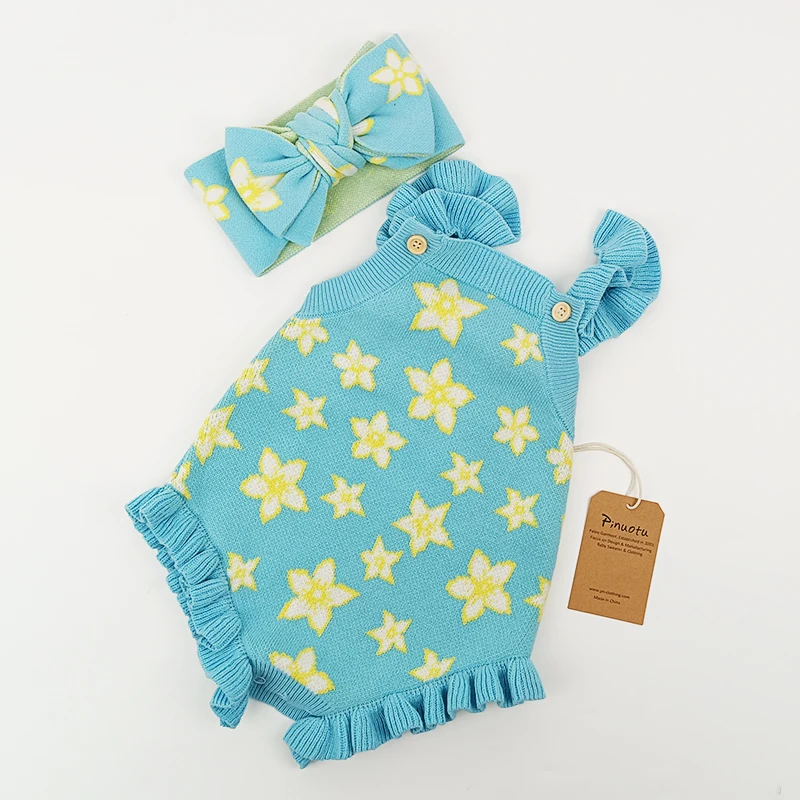 Pinuotu Baby Knitted Set Cute Ruffle Kids Flower Singlet Romper Floral Headband Shoulder Frill Baby Girl Onesies Clothes Set