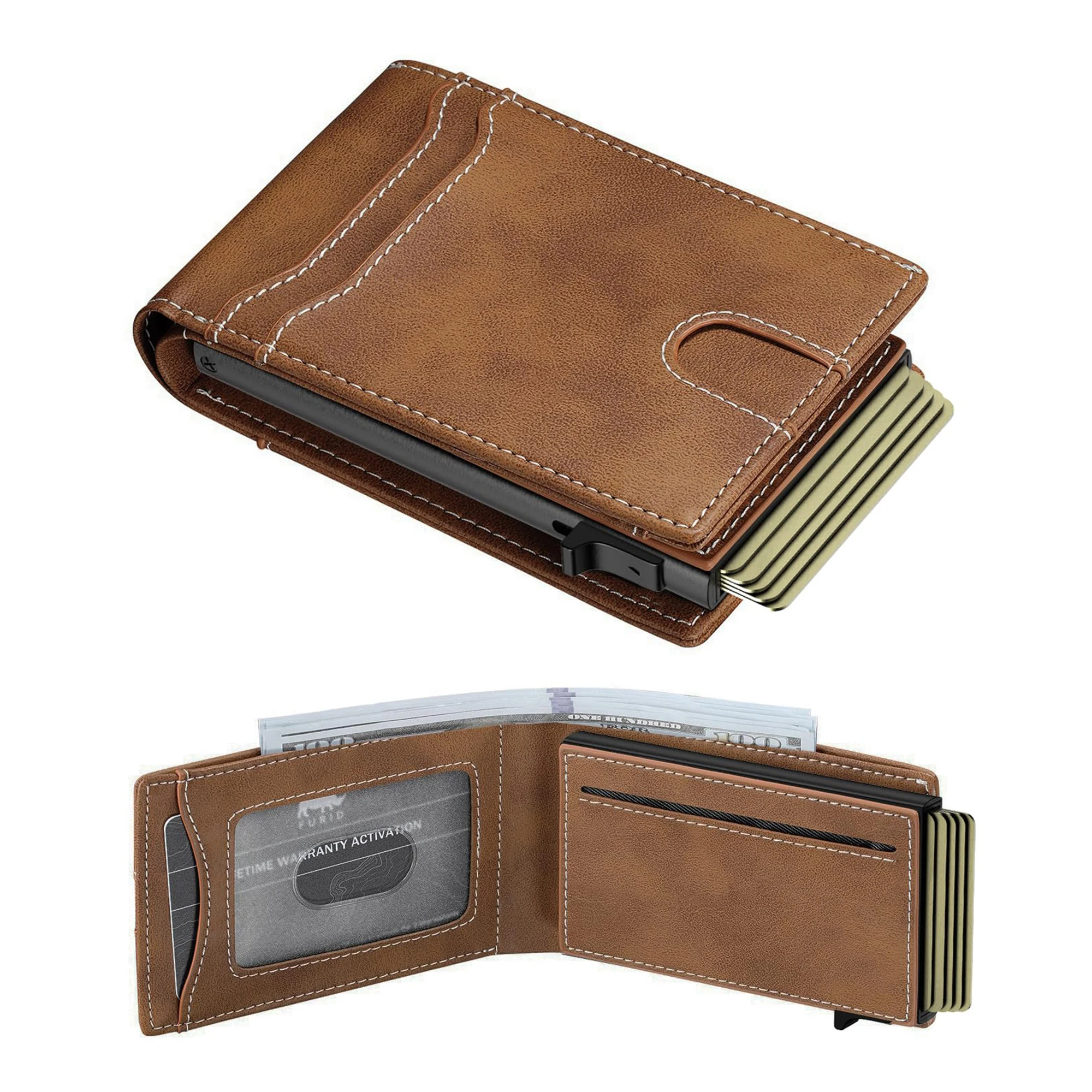 Customized Magnetic Fold Metal Aluminum Wallet RFID Blocking Minimalist Pop Up Credit Card Holder Leather Wallet