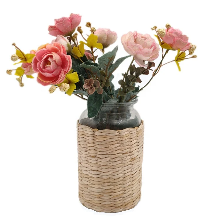 Rattan Wire Seagrass Wrapped Straw Glass Dry Flower Bottle Vase Rustic Farmhouse Decorative Creative Rope Net Pot