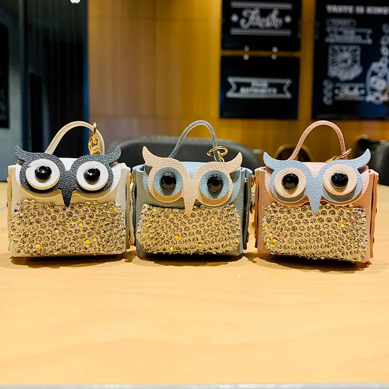 mini Owl zipper leather keychain card coin purse with rhinestones for ladies women