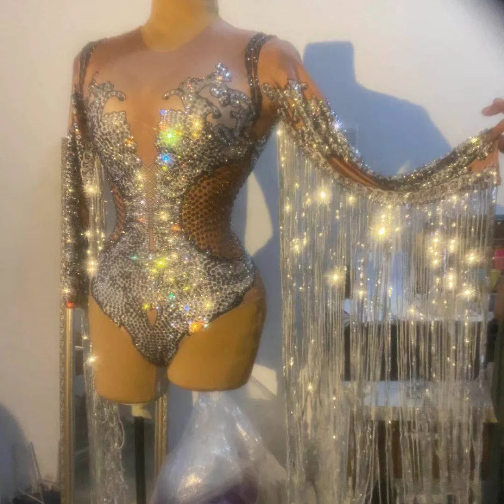 Fashion Tassel Fringe Exotic Pole Dance Wear Leotard Stage Performance Club Short Jumpsuit Women Rhinestone One Piece Bodysuit