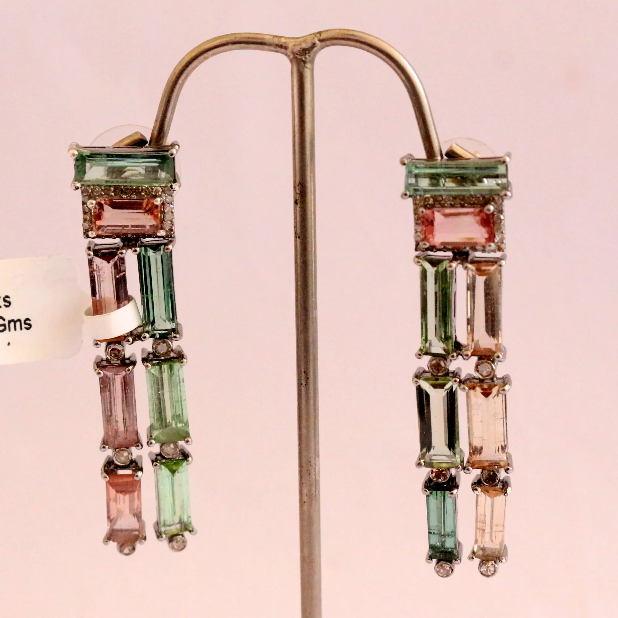 Pink Green Tourmaline and Diamond Drop Earrings Long Diamond Design High Quality Wedding Earrings Multi Stone Fine Jewellery