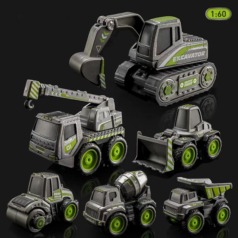 6pcs high quality simulation 1:60 alloy engineering vehicle pull back car excavator mixer forklift truck diecast Toys for kids