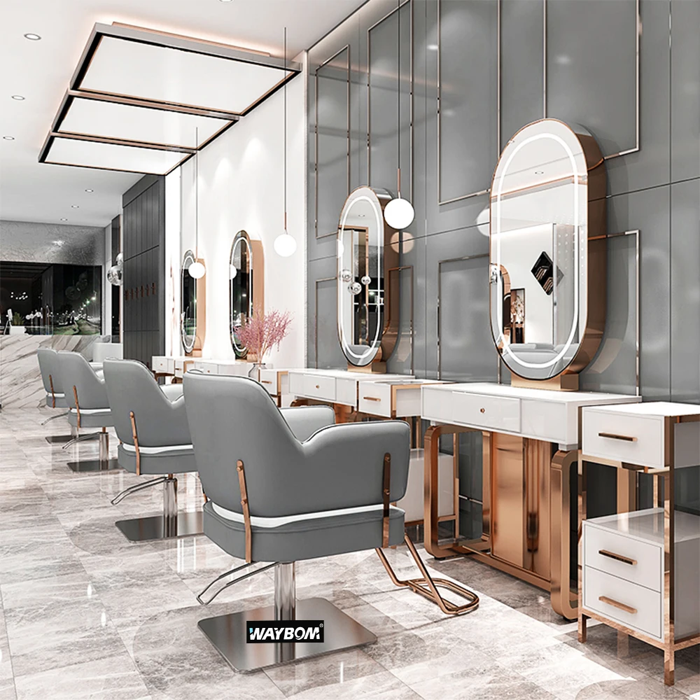 Double Sided Barber Shop Salon Waiting Area Furniture Hairdressing Styling Desktop Mirror Stations With Led Light