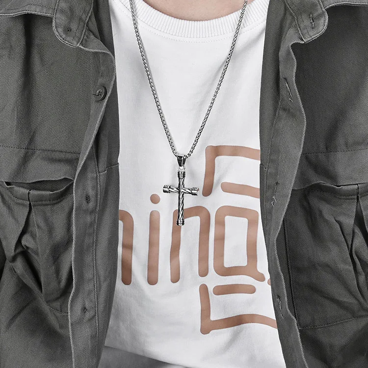 Custom Wholesale High Quality 18K Gold Plated Stainless Steel Fashion Jewelry Popular Cable Wire Cross Mens Pendant Necklace
