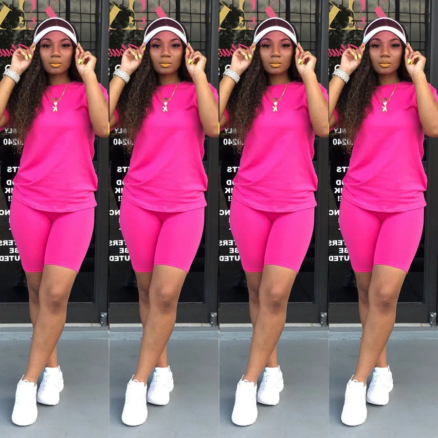 2023 fashion short sleeves neon two pieces shorts set casual 2 piece women jogger sweat pants