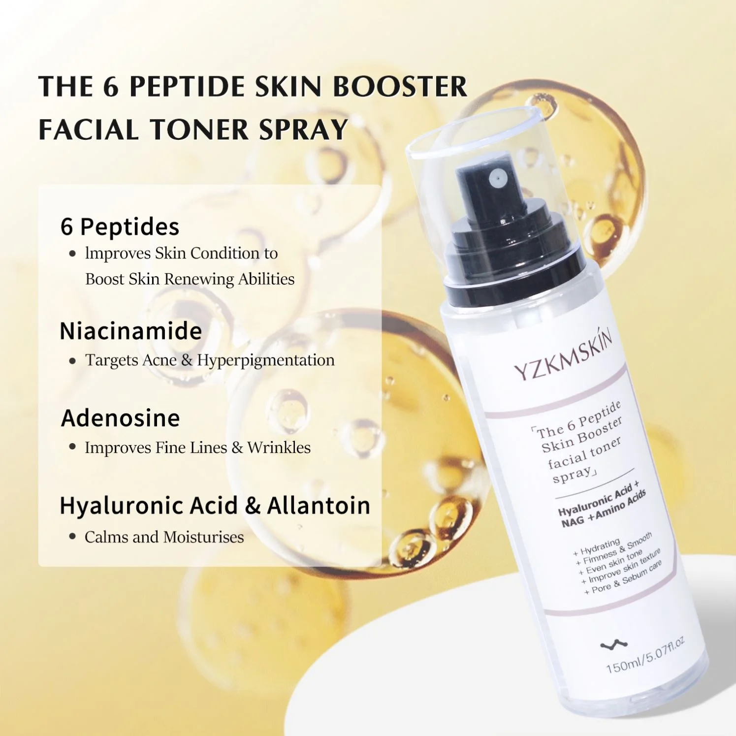 private label hydrating hyaluronic acid firming smooth 6 peptide skin collagen booster face mist facial toner spray
