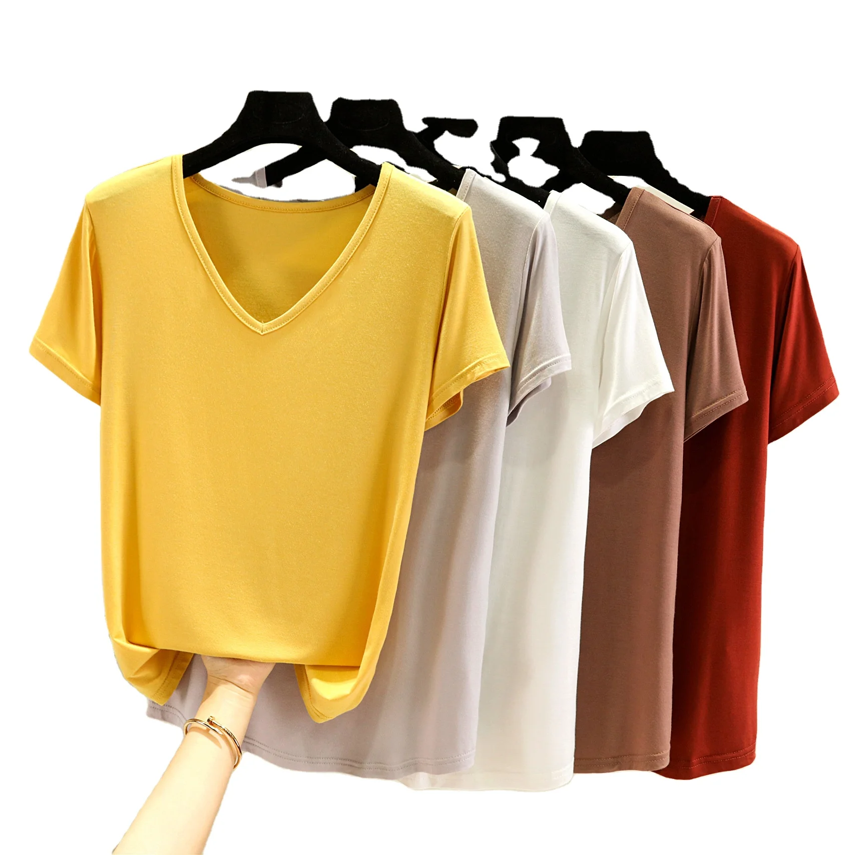 Good Quality Modal Cotton Tshirts Plain Bulk V Neck Summer Short Sleeve Tops Korean Fashion Casual Women T Shirts