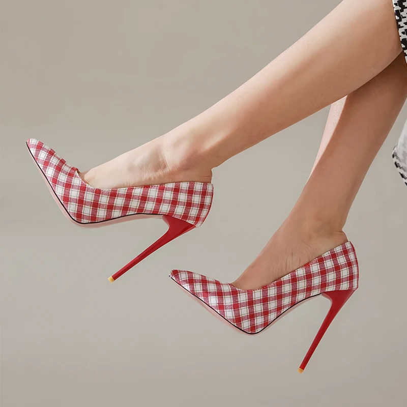 
 Женские туфли-лодочки на высоком каблуке с узором в клетку туфли на тонком каблуке с острым носком  