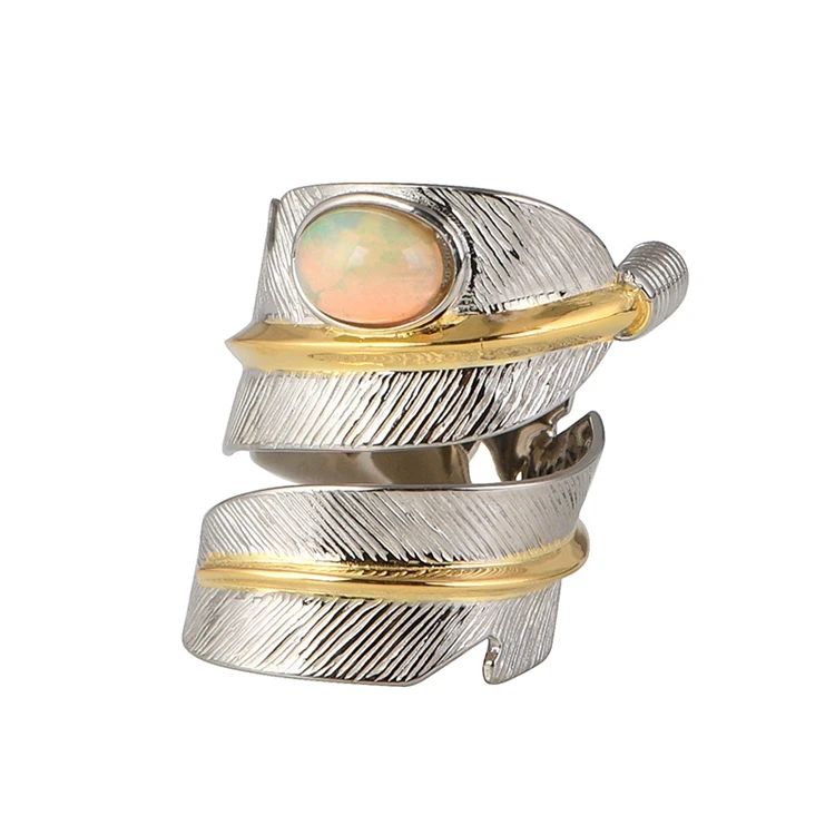 Authentic silver jewelry S925 Sterling Silver Ring Fashion Gold Plated Feather Set Opal Adjustable Ring for Women