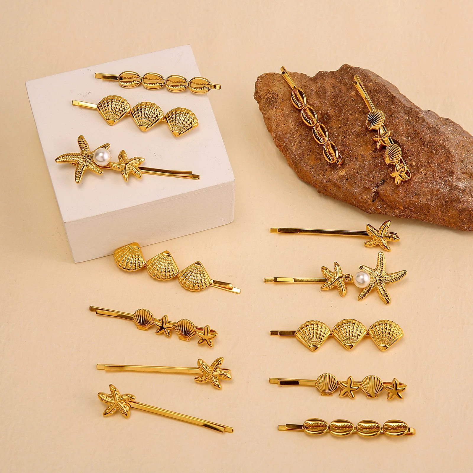 18K PVD Gold Plated Starfish Shell Hair Clips Hair Accessories Non Tarnish Stainless Steel Pearl Hair Clip For Women