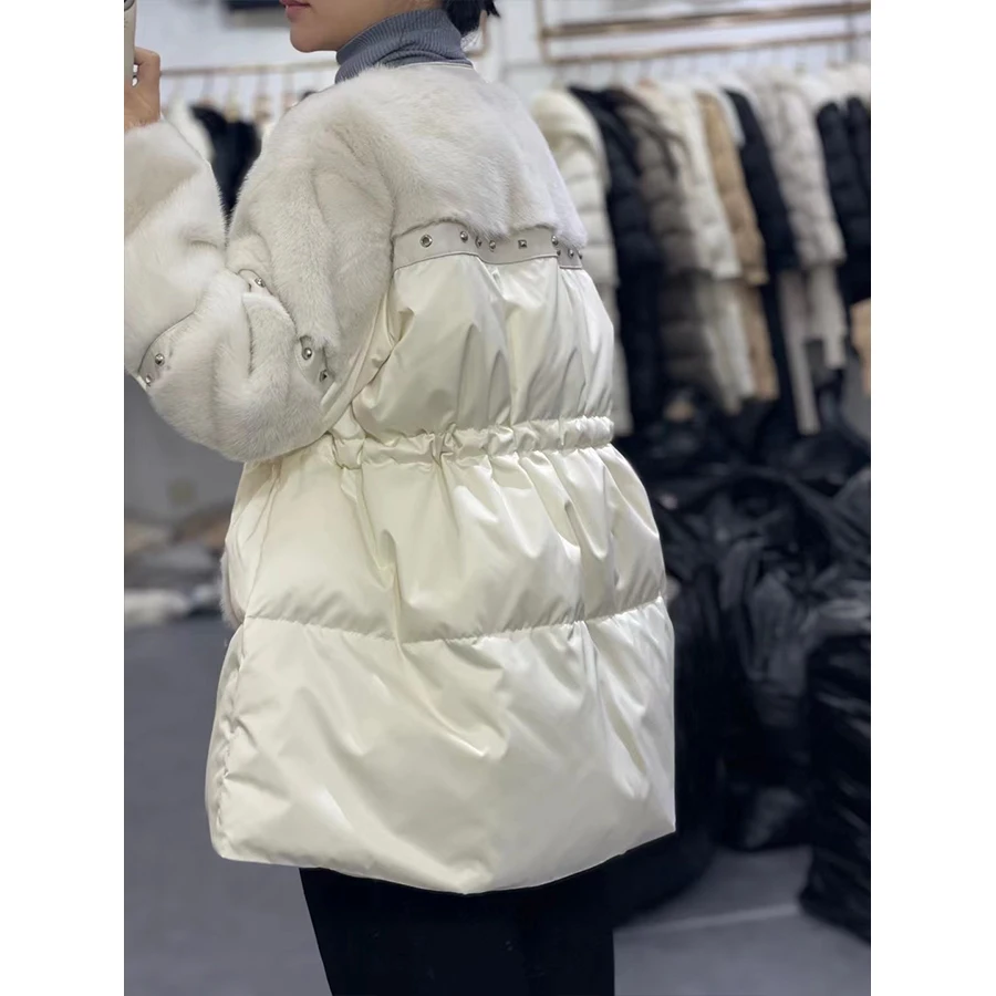 OFTBUY 2023 Fashion Winter White Goose Feather Down Short Jacket Real Mink Fur Shawl RivetedCoat Women Loose Streetwear