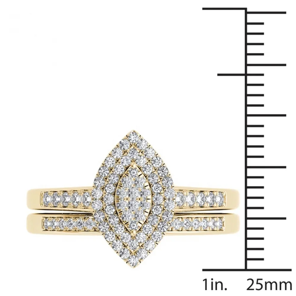 925 Sterling Silver 14k Yellow Gold 13ct CZ Marquise Shape Halo Engagement Ring Set