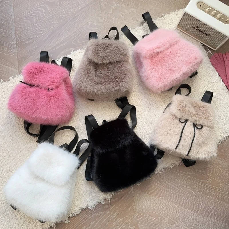 Wholesale  Multi Color Drawstring Backpack Fashion Winter Styling Soft Faux Fur School Girls Backpack Purse Plush Backpacks