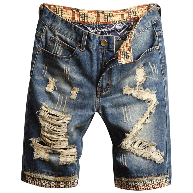 Stock Scratch MenS Short Jeans Wholesale Damage Ripped Hole Designer Jeans Blue Stretch Jeans