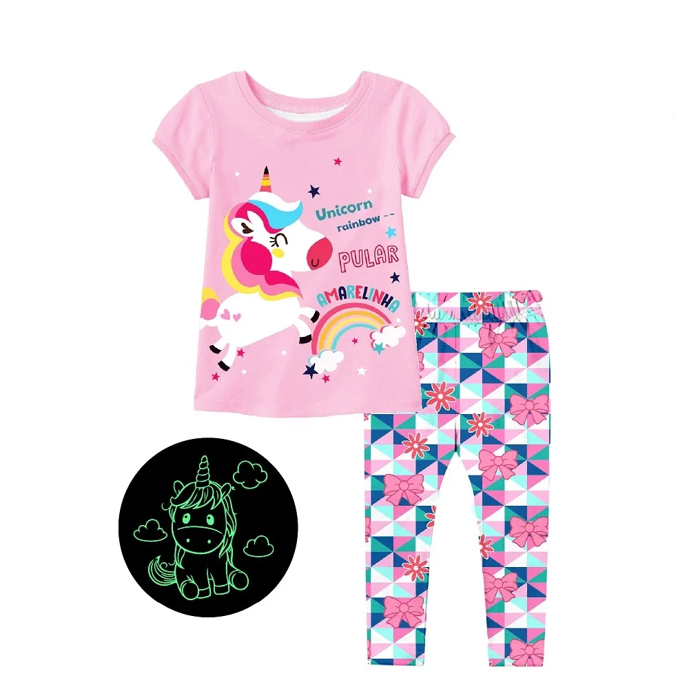 glow in the dark New design children homewear girls clothing sets sleepwear pijamas animal unicorn cartoon