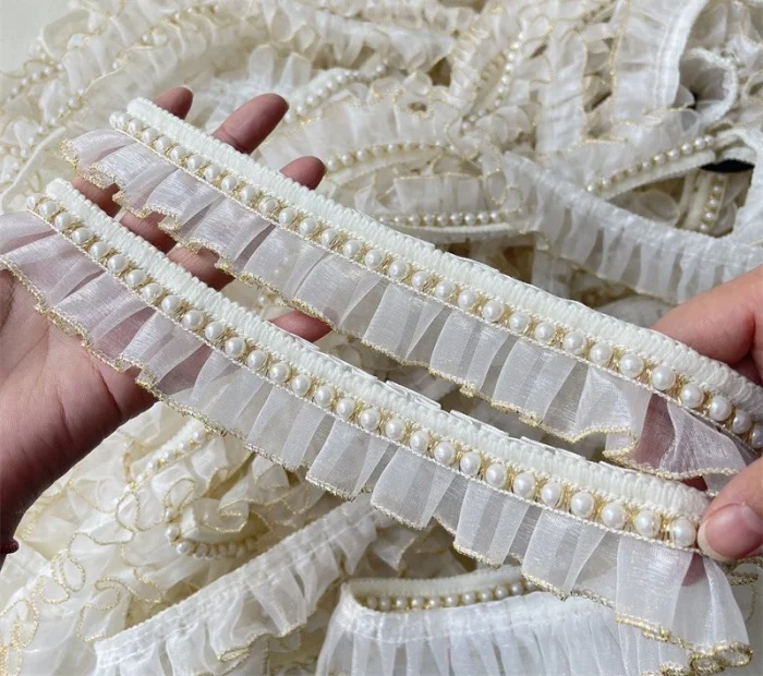 4cm Organza Tulle pleated Ribbon with pearls Polyester Ruffle lace Trims in white and gold for Dresses Garments DIY accessories
