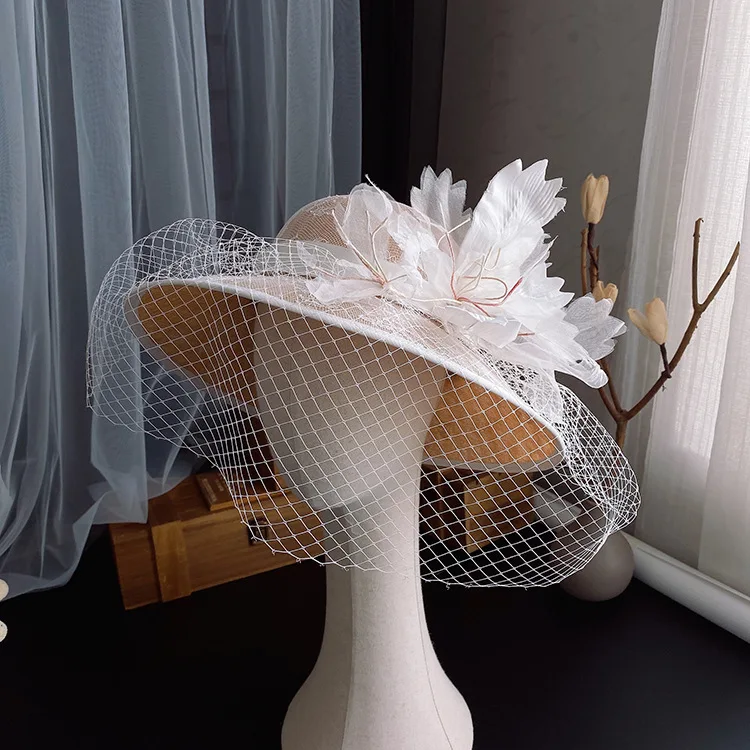 Hera hot sale elegant wide brim bride hat handmade flower fascinator bridal hats with veil