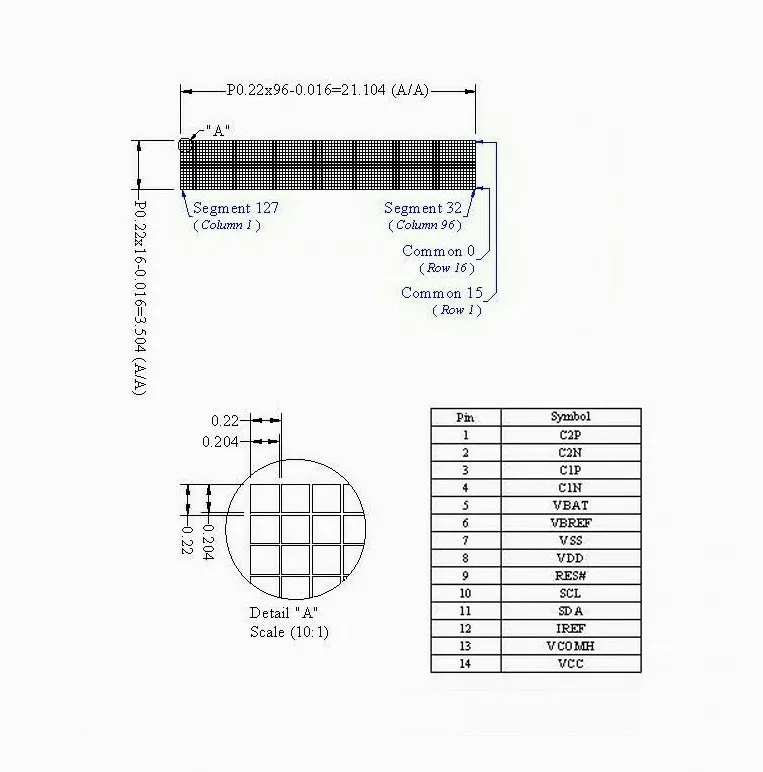 0.84 inch 96x16 oled display driver IC ssd1306 oled display 1.3 14 pin connector mini oled i2c 120 nits 2000:1 Contrast