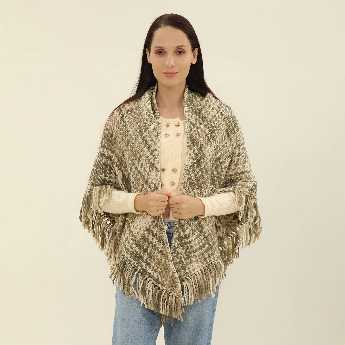 Europe And American New Jacquard Simple Pattern Wraps Cape Female Fringe Tassels Poncho Shawl